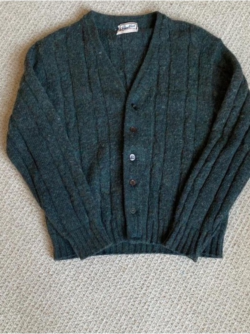 Dark Green Ribbed V-Neck Button Cardigan Wool Sweater